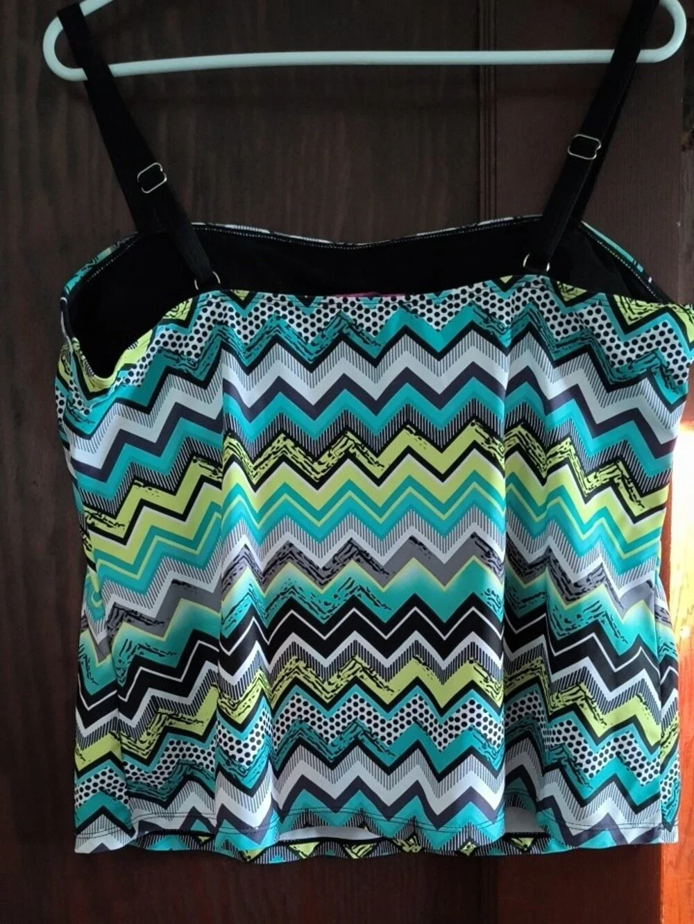Girls Chevron Print Swimsuit Top - Teal, Yellow & Black